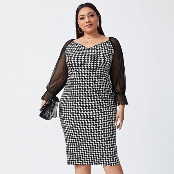 

Plus Contrast Mesh Flounce Sleeve Houndstooth Fitted Dress, Black and white