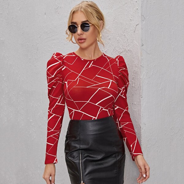 

Geo Print Gigot Sleeve Slim Tee, Red