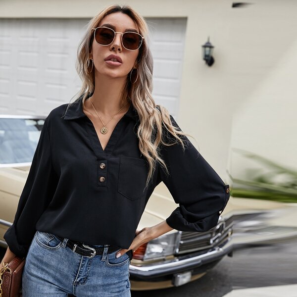 

Curved Hem Roll-up Sleeve Blouse, Black
