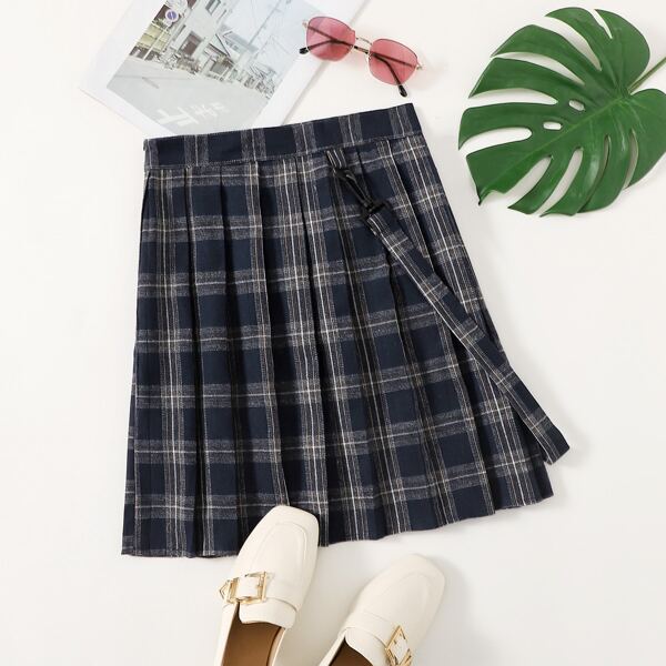

Strap Detail Tartan Pleated Skirt, Navy blue