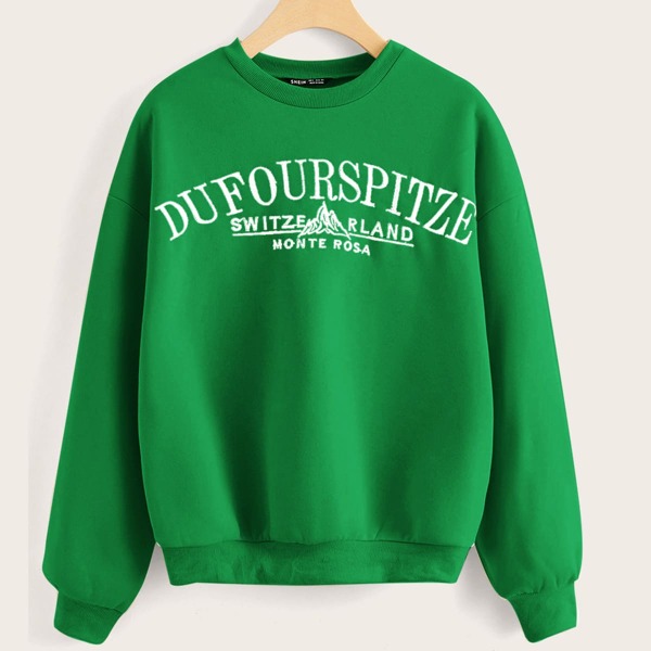 

Drop Shoulder Embroidered Letter Pullover, Green bright