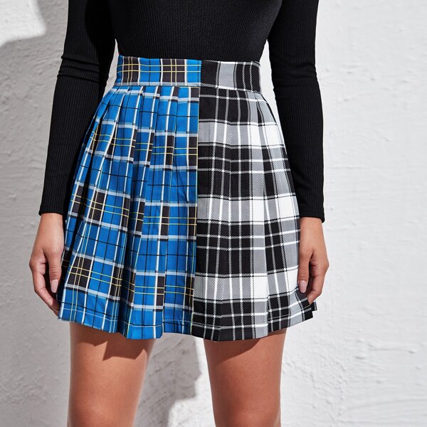 

Color-block Plaid Pleated Skirt, Multicolor