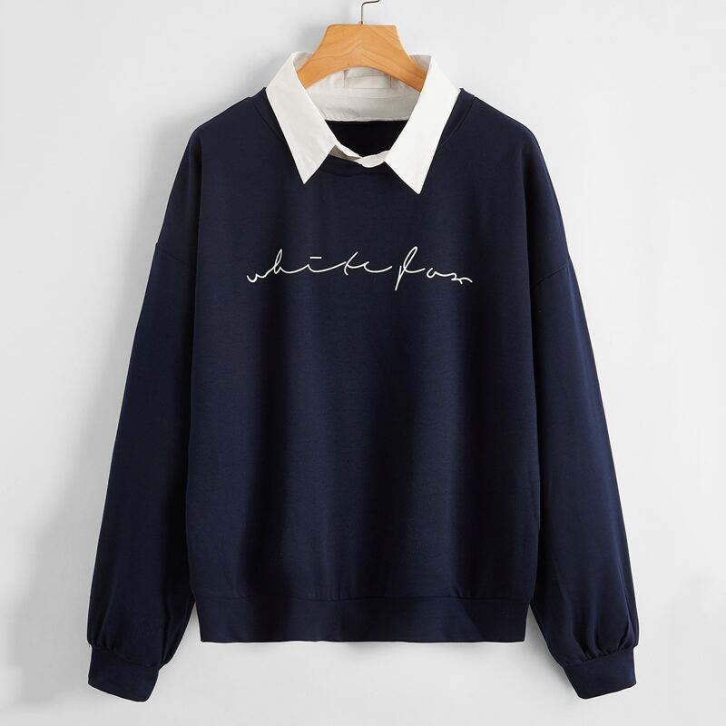 

Letter Contrast Collar Oversized Sweatshirt, Navy blue