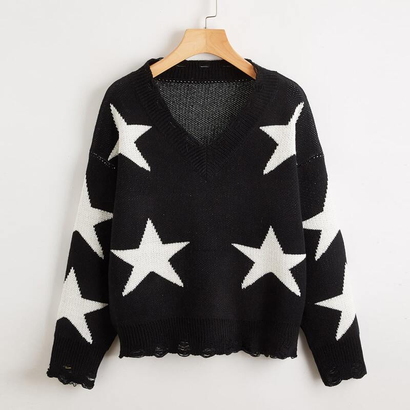 

Star Pattern Ripped Sweater, Black and white