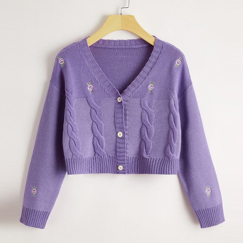 

Embroidery Cable Knit Cardigan, Purple