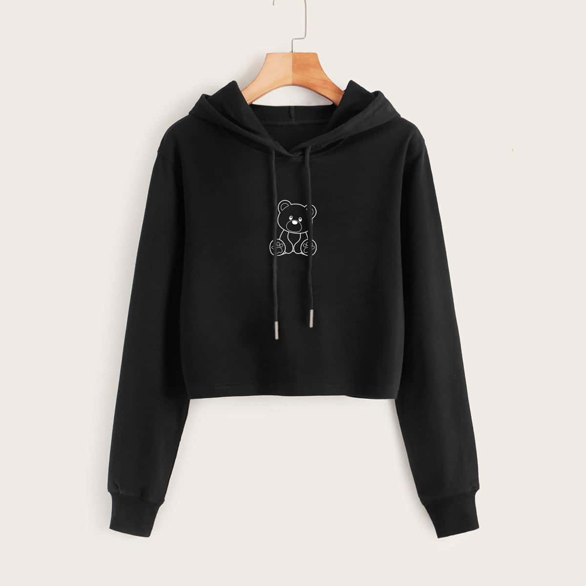 

Bear Graphic Drawstring Crop Hoodie, Black