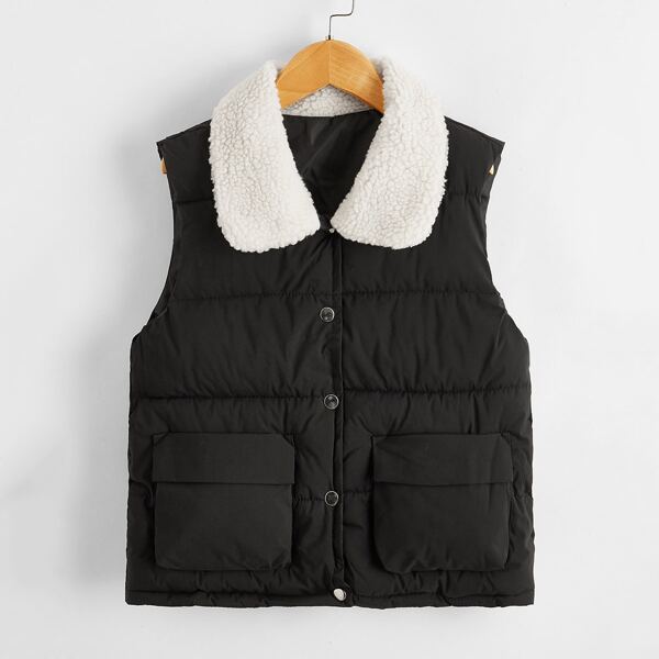 

Toddler Boys Contrast Collar Flap Pocket Padded Coat, Black