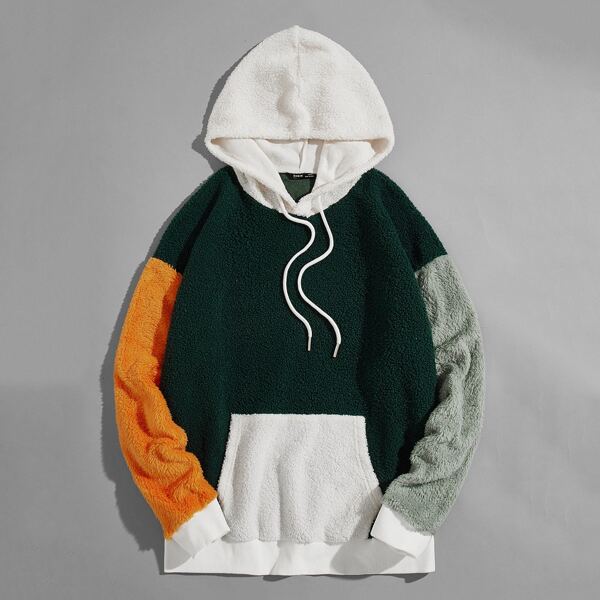 

Men Drop Shoulder Colorblock Teddy Drawstring Hoodie, Multicolor