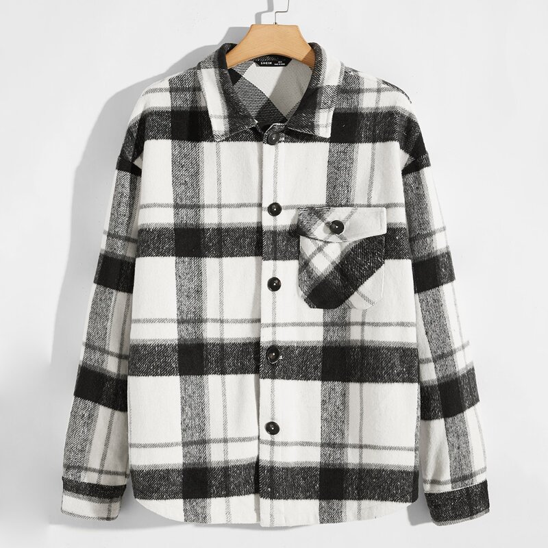 

Guys Drop Shoulder Flap Pocket Plaid Coat, Black and white