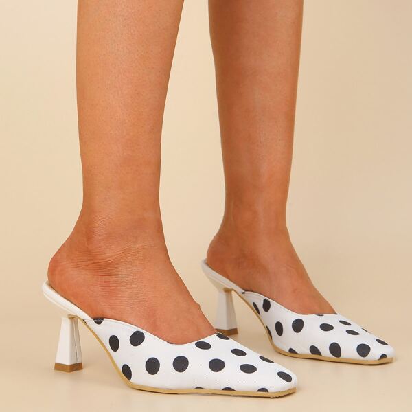 

Square Toe Polka Dot Pyramid Heeled Mules, White