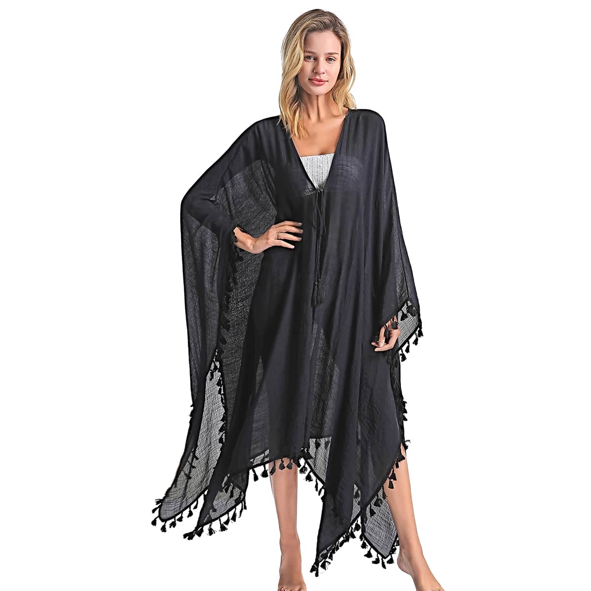 

Tassel Trim Tie Front Kimono, Black