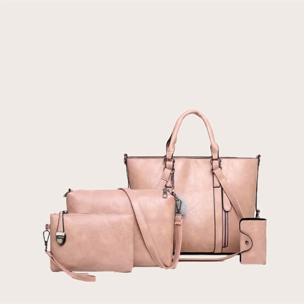 

4pcs Pom-pom Charm Tote Bag Set, Pink