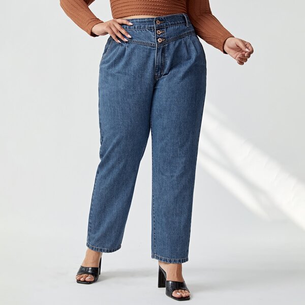 

Plus High Waist Button Front Mom Fit Jeans, Medium wash