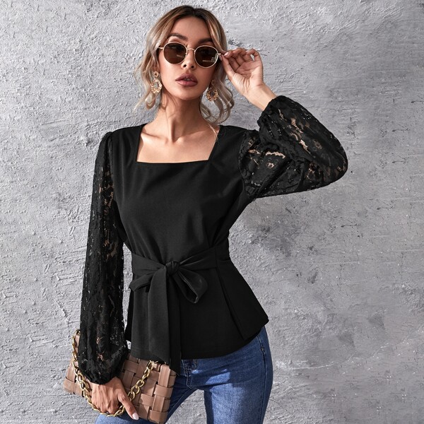 

Square Neck Lace Sleeve Belted Top, Black
