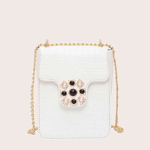 

Faux Pearl Decor Croc Embossed Chain Bag, White