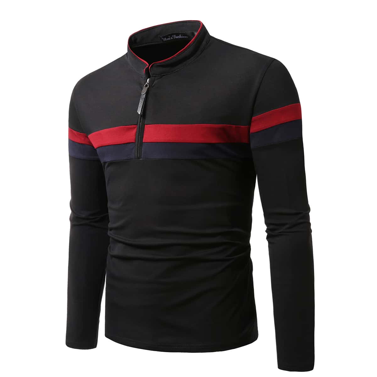 

Men Striped Half Zipper Polo Shirt, Black