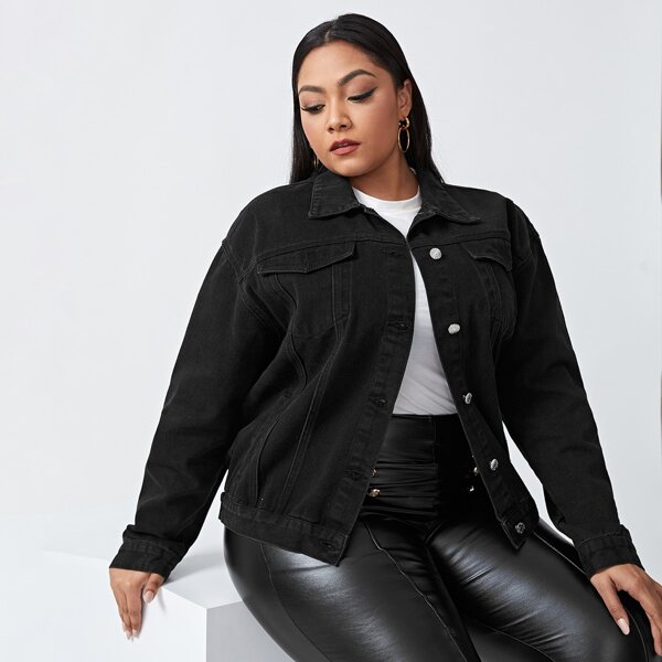 

Plus Button Front Denim Jackets, Black