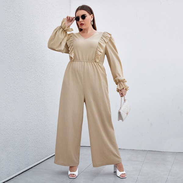 

Plus Ruffle Trim Wide Leg Jumpsuit, Apricot