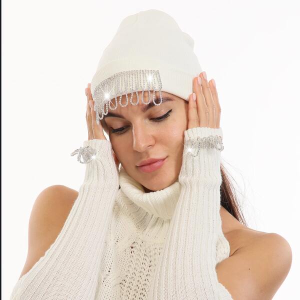 

Rhinestone Decor Knit Open Toe Gloves & Beanie, White
