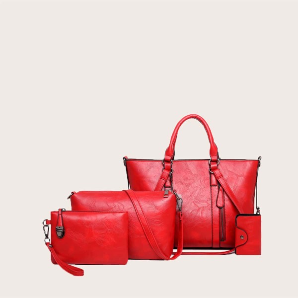 

4pcs Pom Pom Charm Tote Bag Set, Red