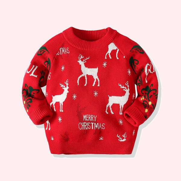 

Toddler Boys Christmas Print Raglan Sleeve Sweater, Red