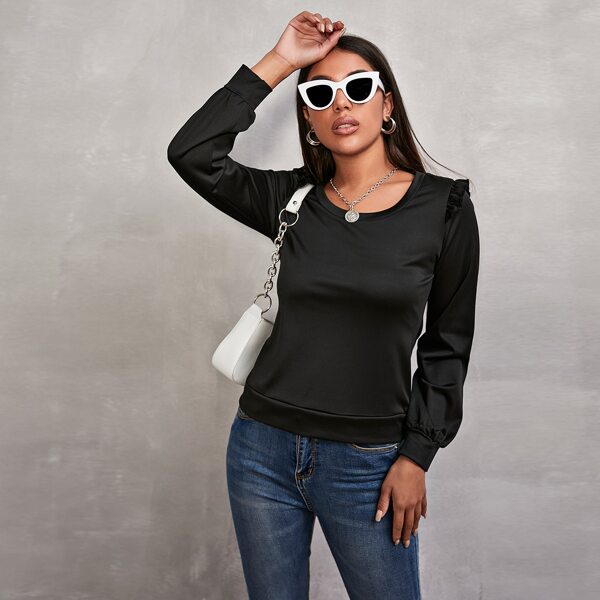 

Frill Trim Round Neck Sweatshirt, Black
