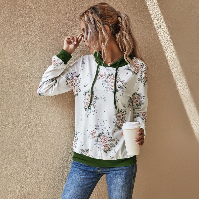 

Floral Print Drawstring Hoodie, White