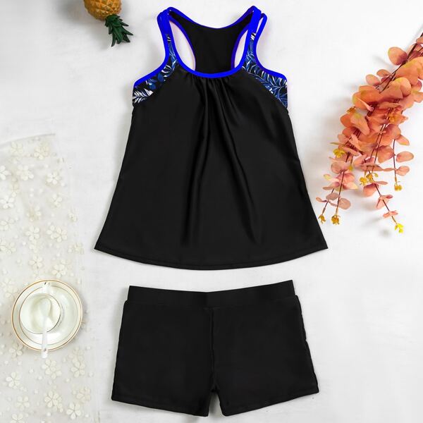 

Contrast Floral Print Shorts Bikini Swimsuit, Black