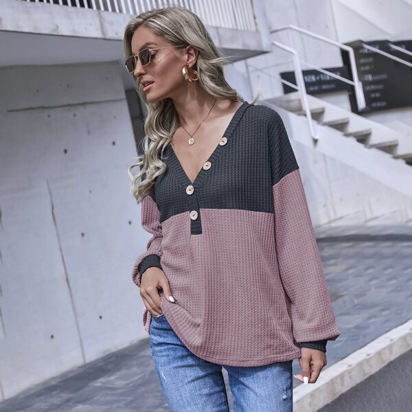 

Two Tone Button Detail Tee, Multicolor