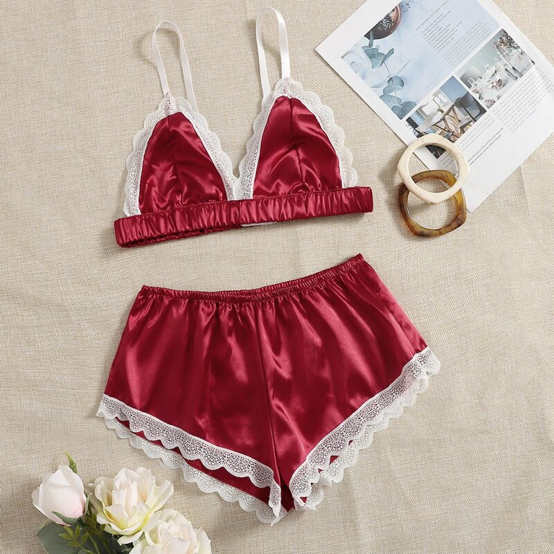 

Satin Lace Trim PJ Set, Burgundy