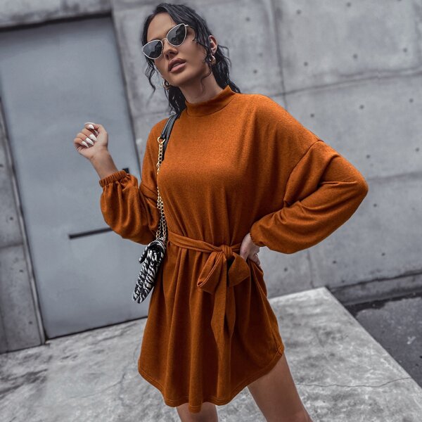 

Mock-neck Drop Shoulder Belted Dress, Brown