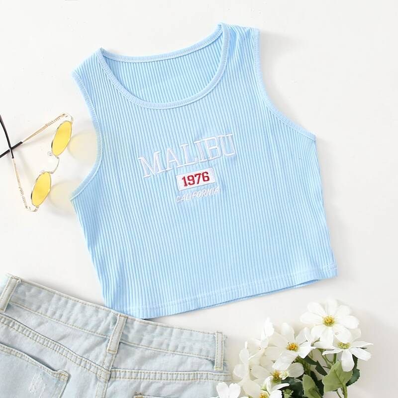 

Letter Embroidery Rib Crop Tank, Baby blue