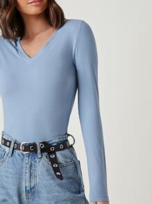 SHEIN BASICS Cotton V-neck Solid Tee - Dusty Blue - View 4