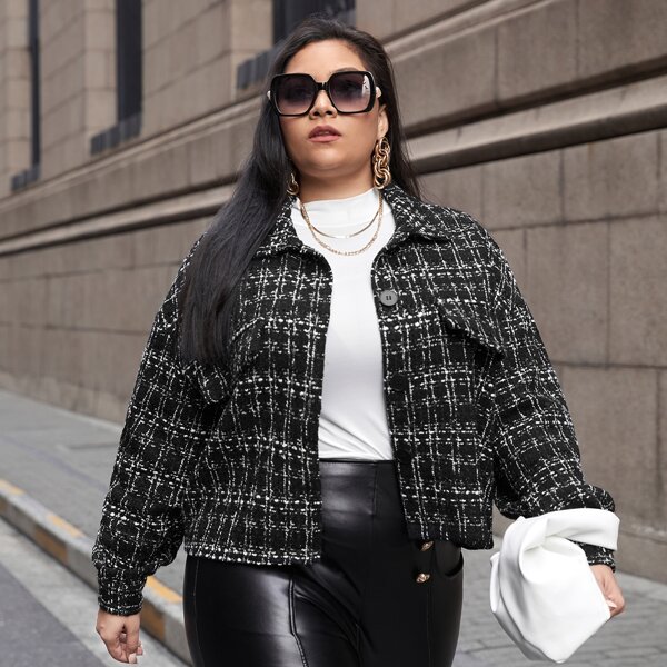 

Plus Tweed Plaid Drop Shoulder Jacket, Black