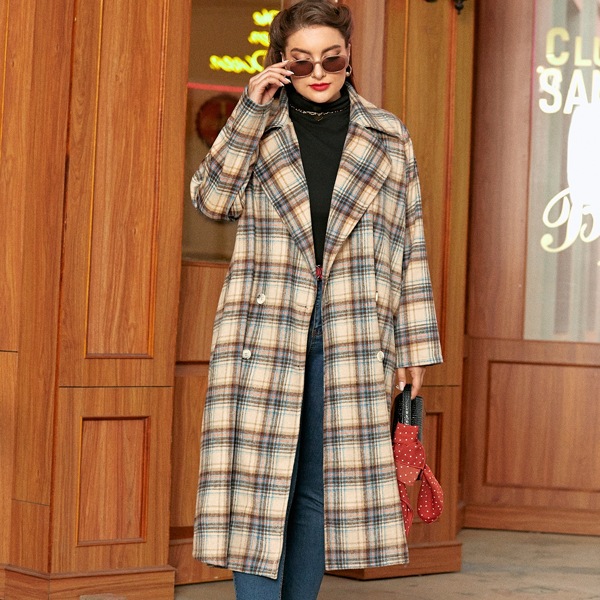 

Plus Plaid Lapel Collar Pea Coat, Multicolor