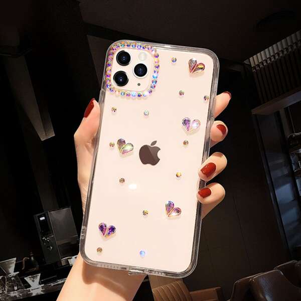 

Прозрачный чехол для iPhone с сердечком и стразами