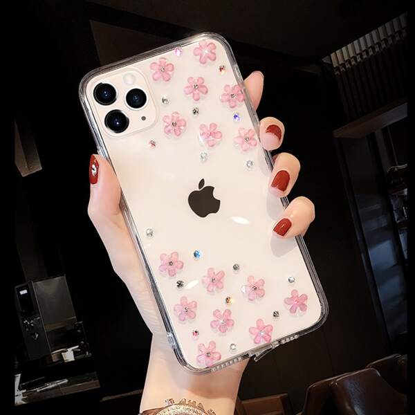 

Прозрачный чехол для iPhone с цветком и стразами