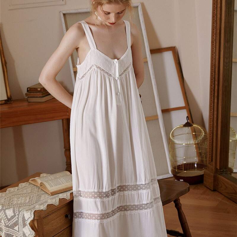 

Lace Insert Covered Button Sleep Dress, White