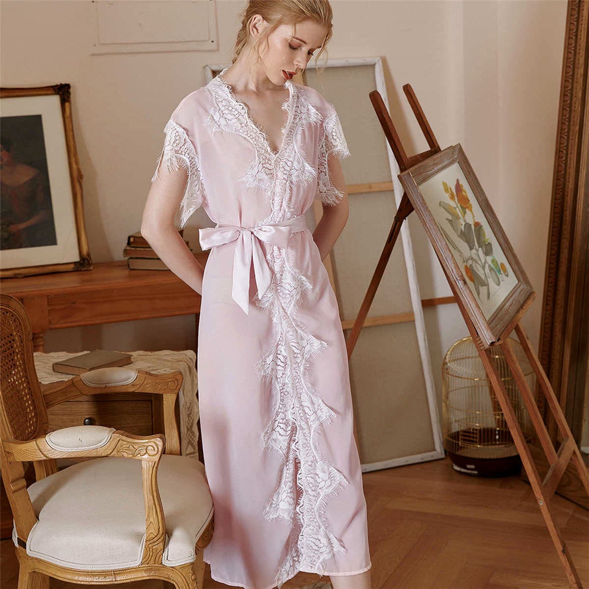 

Lace Panel Self Tie Chiffon Night Robe, Baby pink