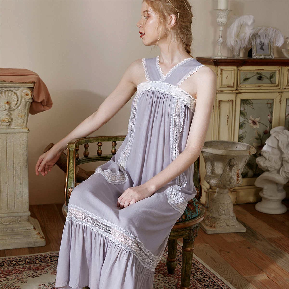 

Contrast Lace Shirred Back Ruffle Hem Nightdress, Dusty purple