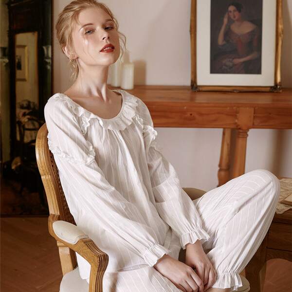 

Eyelet Embroidery Trim Round Neck PJ Set, White