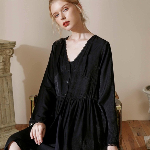 

Contrast Lace Slip Dress & Button Front Robe, Black