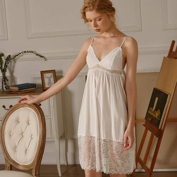 

Contrast Lace Slip Night Dress, White