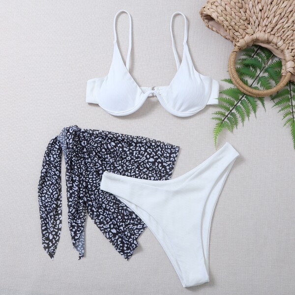 

3pack Rib Underwire Bikini Swimsuit & Leopard Beach Skirt, Black and white