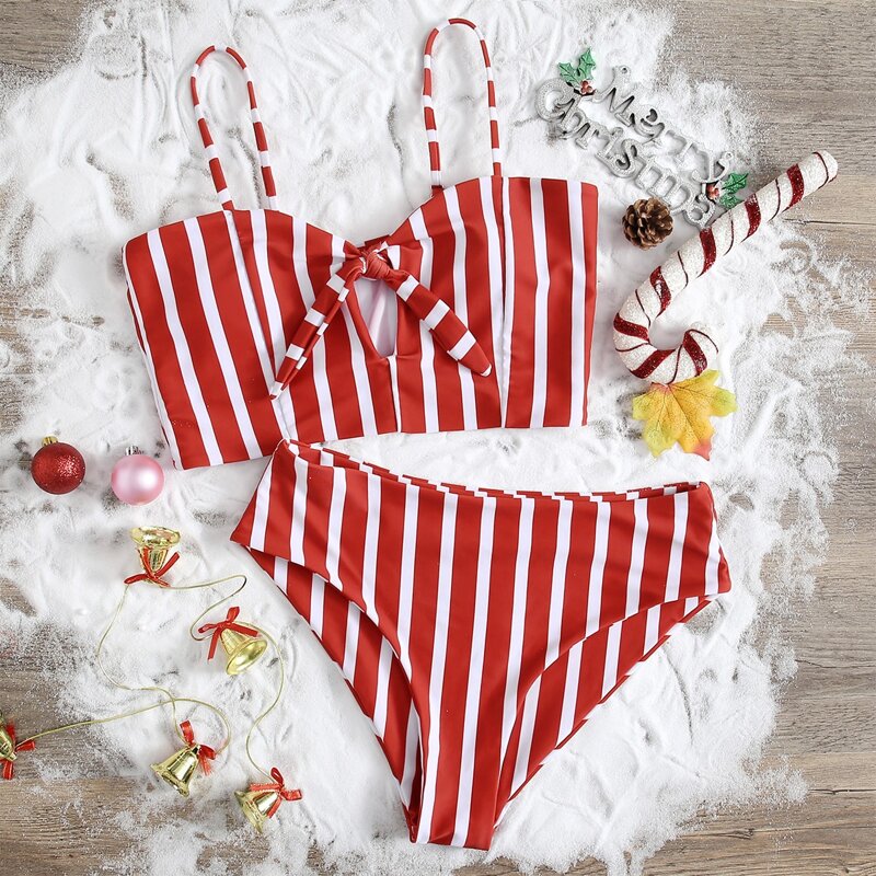 

Christmas Striped Knot Bikini Swimsuit, Red