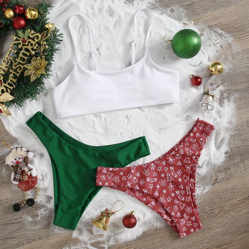 

3pack Christmas Print High Cut Bikini Swimsuit, Multicolor