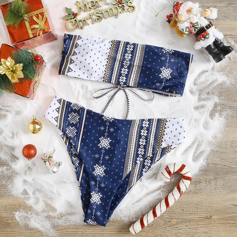 

Random Christmas Print Bikini Swimsuit, Multicolor