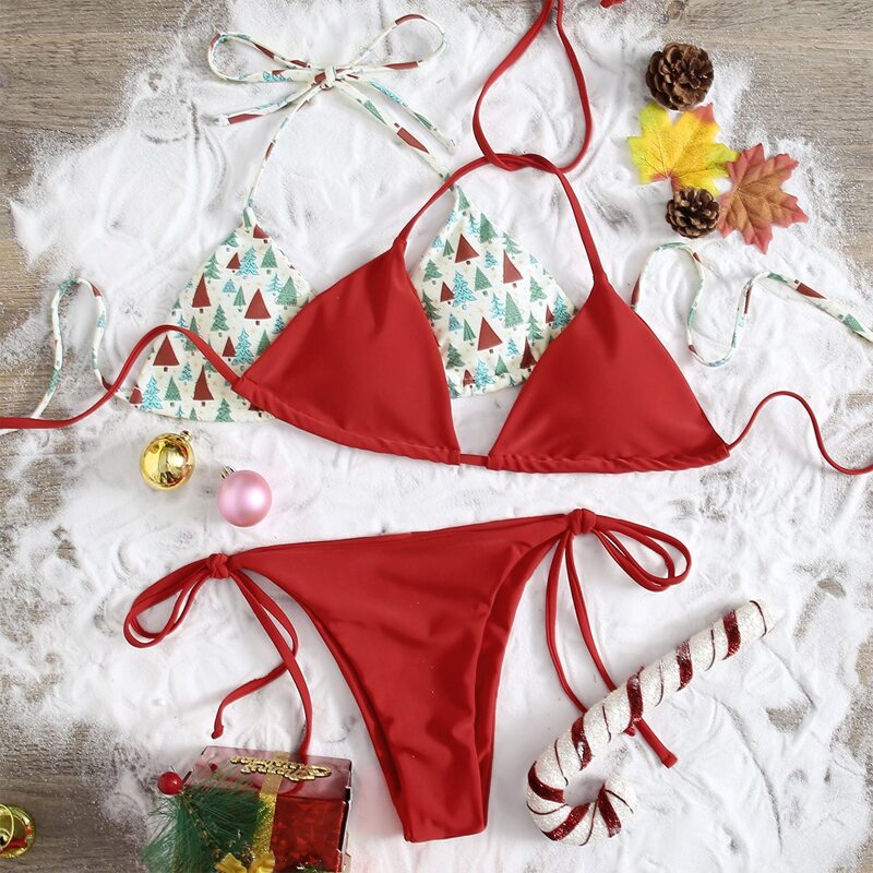 

3pack Christmas Tree Print Triangle Bikini Swimsuit, Multicolor