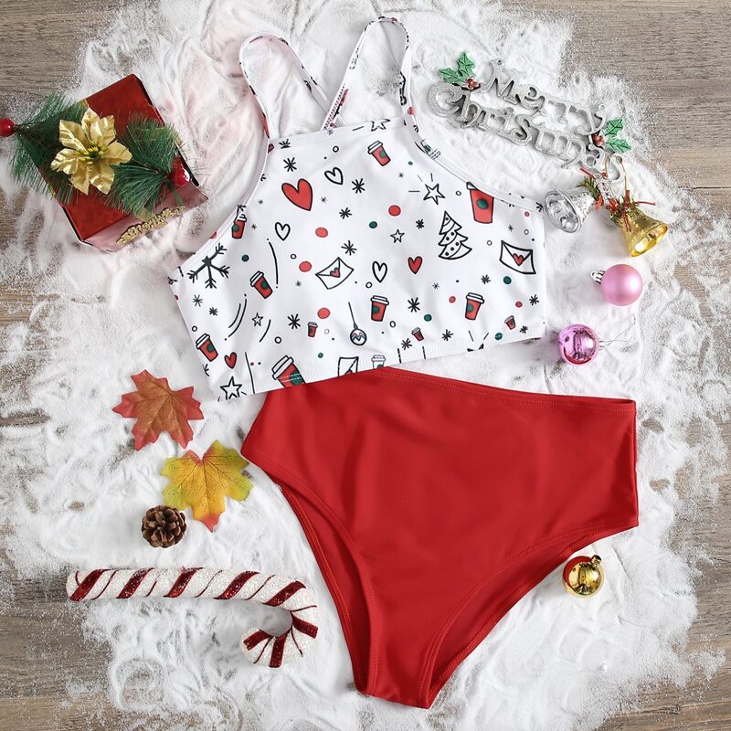 

Christmas Cartoon Print High Waist Bikini Swimsuit, Red and white