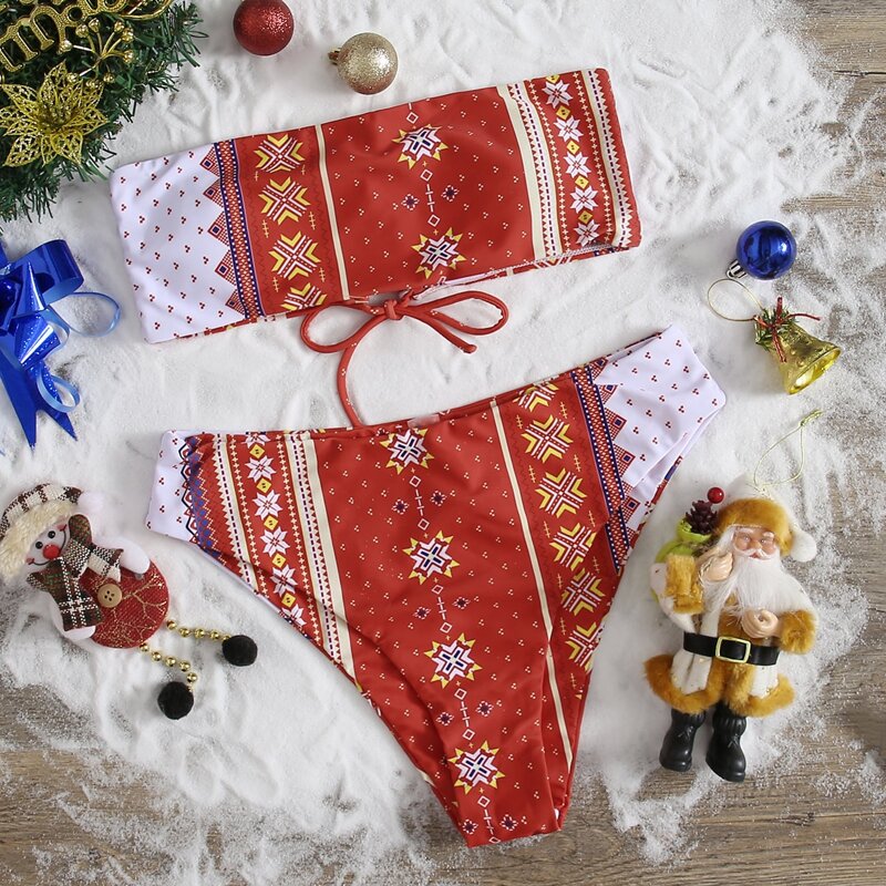 

Christmas Print Bandeau Bikini Swimsuit, Red and white